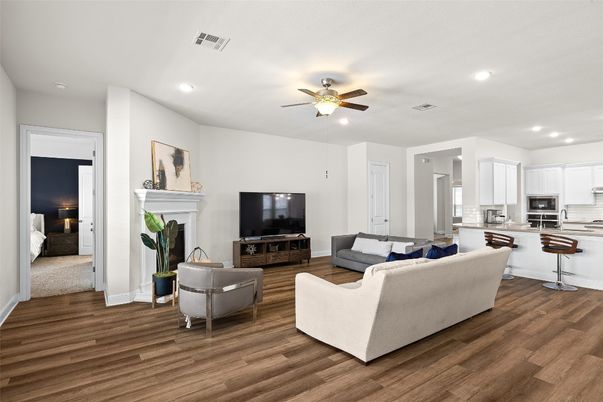 Fireplace, Interior, Kitchen, Living room, Recessed Lighting, Stainless Steel Appliances, Wood Texture Flooring