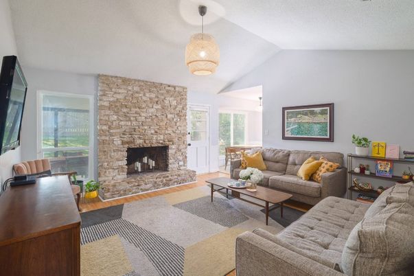 Fireplace, Interior, Living room, Pendant Lights, Stone Walls, Wood Texture Flooring