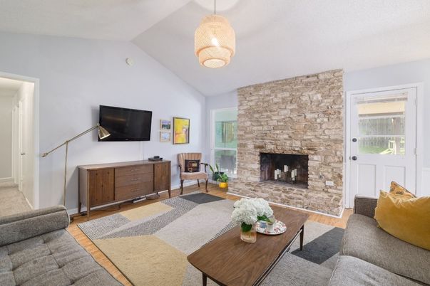 Fireplace, Interior, Living room, Pendant Lights, Stone Walls, Wood Texture Flooring