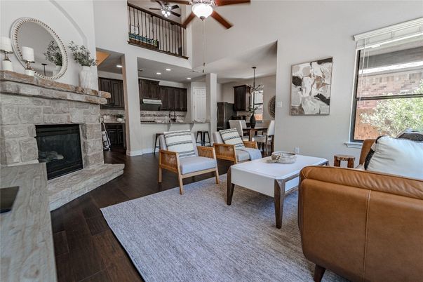 Dining room, Fireplace, Interior, Kitchen, Pendant Lights, Recessed Lighting, Wood Texture Flooring