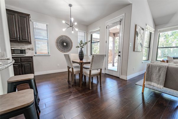 Dining room, Interior, Pendant Lights, Wood Texture Flooring