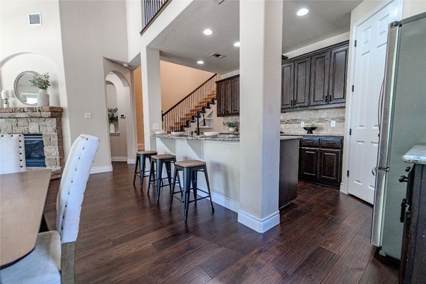 Fireplace, Interior, Kitchen, Recessed Lighting, Wood Texture Flooring