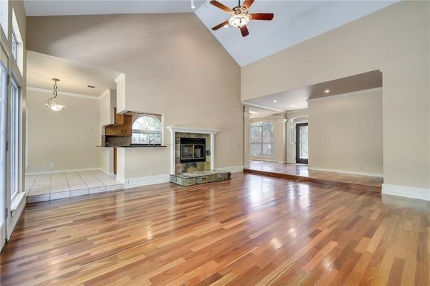 Empty room, Fireplace, Interior, Pendant Lights, Recessed Lighting, Wood Texture Flooring