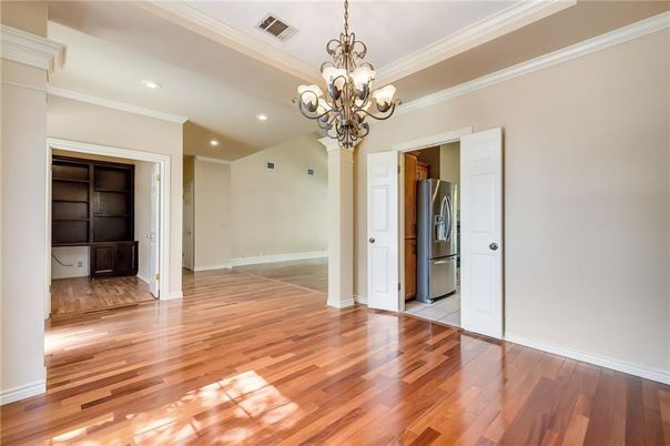 Chandelier, Empty room, Interior, Recessed Lighting, Wood Texture Flooring