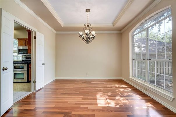 Chandelier, Empty room, Interior, Kitchen, Stainless Steel Appliances, Wood Texture Flooring