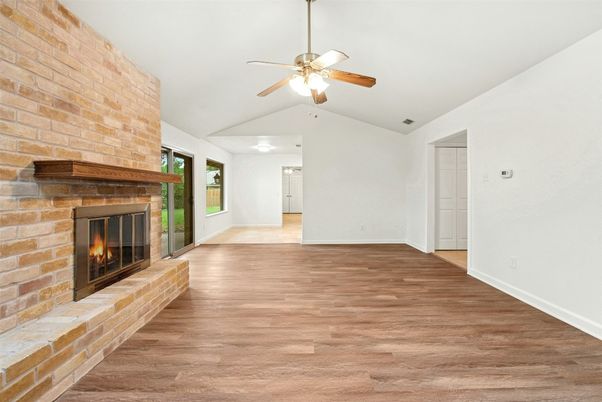 Empty room, Fireplace, Interior, Stone Walls, Wood Texture Flooring