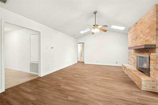 Empty room, Fireplace, Interior, Stone Walls, Wood Texture Flooring