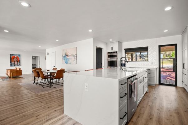Dining room, Interior, Kitchen, Recessed Lighting, Stainless Steel Appliances, Wood Texture Flooring