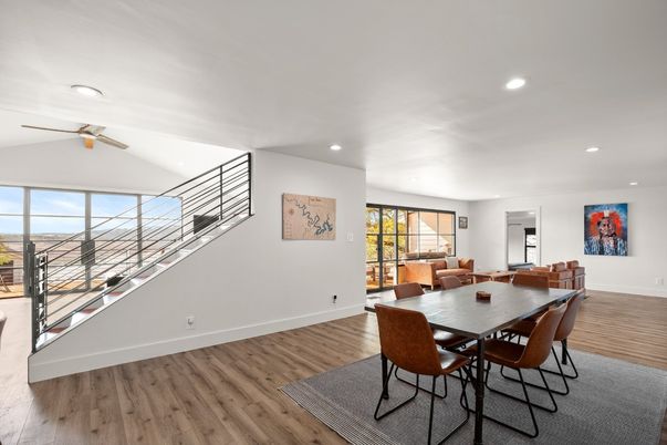 Dining room, Interior, Recessed Lighting, Wood Texture Flooring