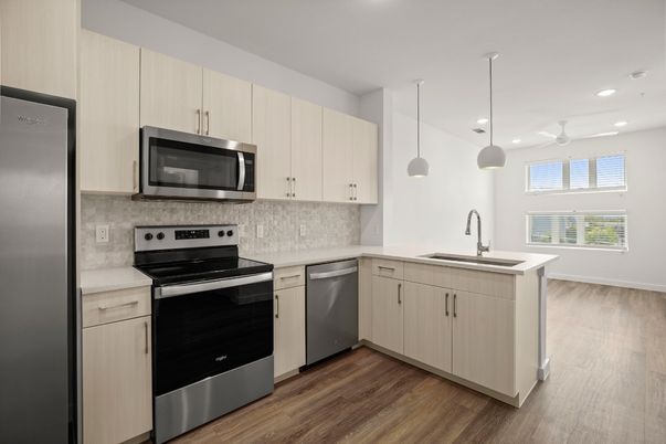 Interior, Kitchen, Pendant Lights, Recessed Lighting, Stainless Steel Appliances, Wood Texture Flooring