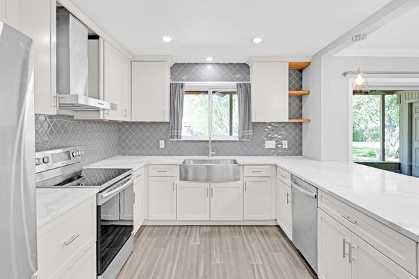 Interior, Kitchen, Pendant Lights, Recessed Lighting, Stainless Steel Appliances, Wood Texture Flooring