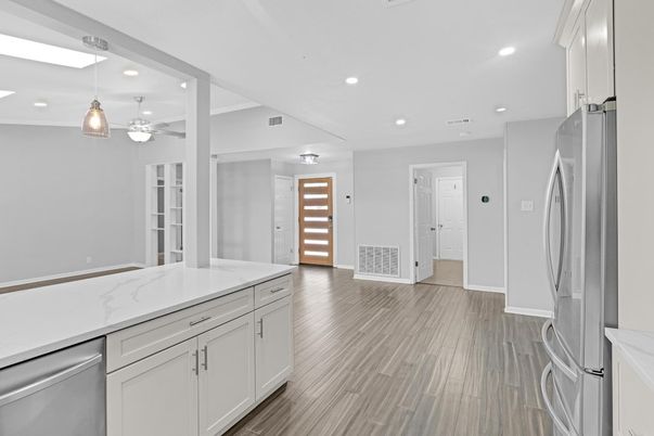 Interior, Kitchen, Pendant Lights, Recessed Lighting, Stainless Steel Appliances, Wood Texture Flooring