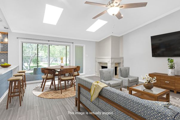 Dining room, Fireplace, Interior, Living room, Wood Texture Flooring