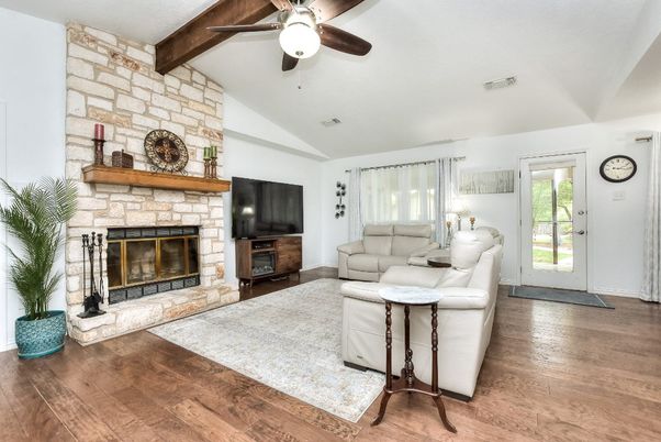Fireplace, Interior, Living room, Stone Walls, Wooden Beams, Wood Texture Flooring