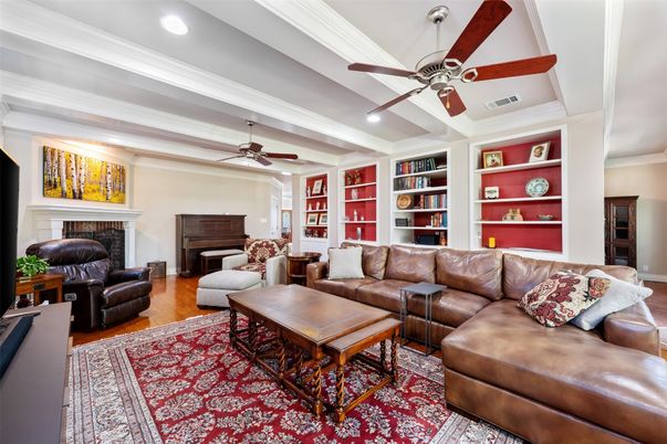 Fireplace, Interior, Living room, Piano, Recessed Lighting, Wood Texture Flooring