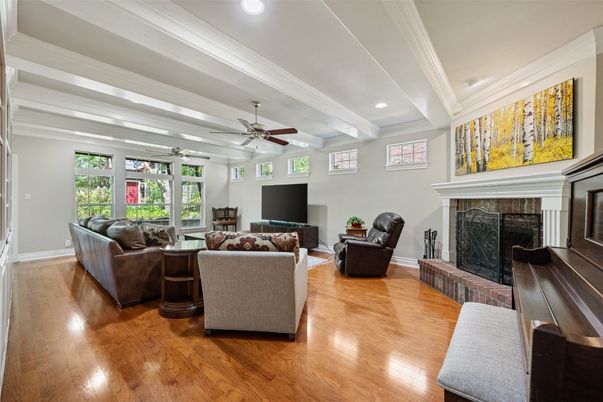 Fireplace, Interior, Living room, Recessed Lighting, Wood Texture Flooring