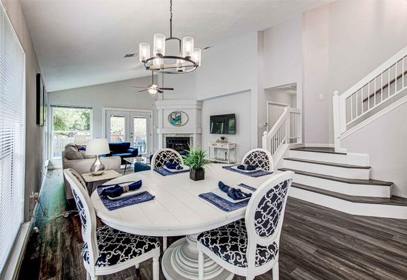 Dining room, Fireplace, Interior, Living room, Pendant Lights, Wood Texture Flooring