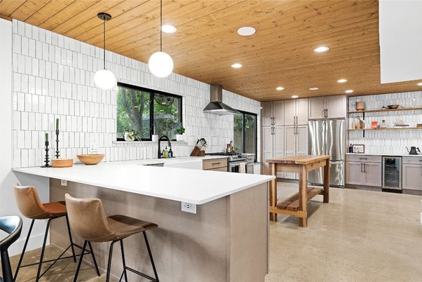 Interior, Kitchen, Pendant Lights, Recessed Lighting, Stainless Steel Appliances, Wooden Ceilings