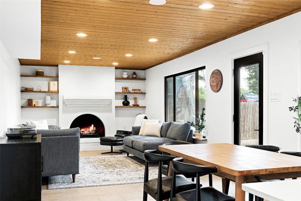 Dining room, Fireplace, Interior, Living room, Recessed Lighting, Wooden Ceilings, Wood Texture Flooring