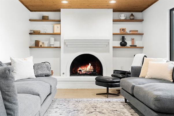 Fireplace, Interior, Living room, Recessed Lighting, Wooden Ceilings