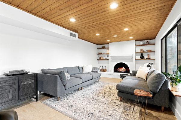 Fireplace, Interior, Living room, Recessed Lighting, Wooden Ceilings