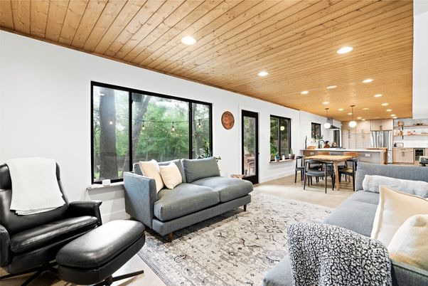 Dining room, Interior, Kitchen, Living room, Pendant Lights, Recessed Lighting, Stainless Steel Appliances, Wooden Ceilings, Wood Texture Flooring