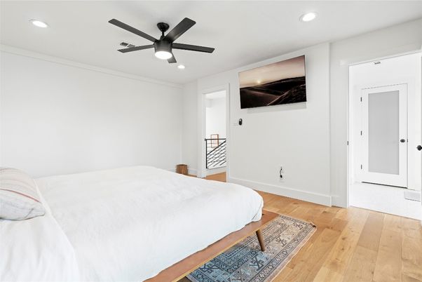 Bedroom, Interior, Recessed Lighting, Wood Texture Flooring