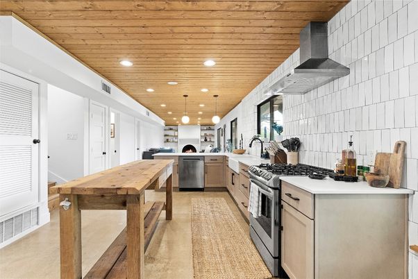 Interior, Kitchen, Pendant Lights, Recessed Lighting, Stainless Steel Appliances, Wooden Ceilings