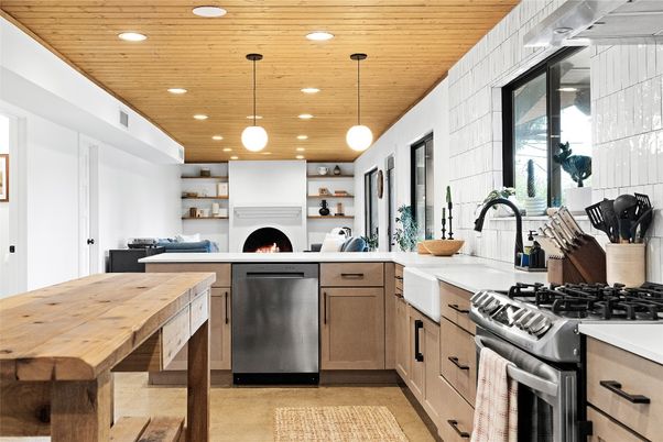 Fireplace, Interior, Kitchen, Living room, Pendant Lights, Recessed Lighting, Stainless Steel Appliances, Wooden Ceilings
