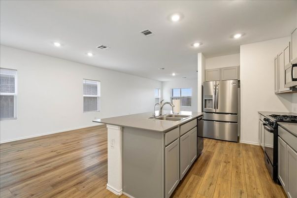 Interior, Kitchen, Recessed Lighting, Stainless Steel Appliances, Wood Texture Flooring