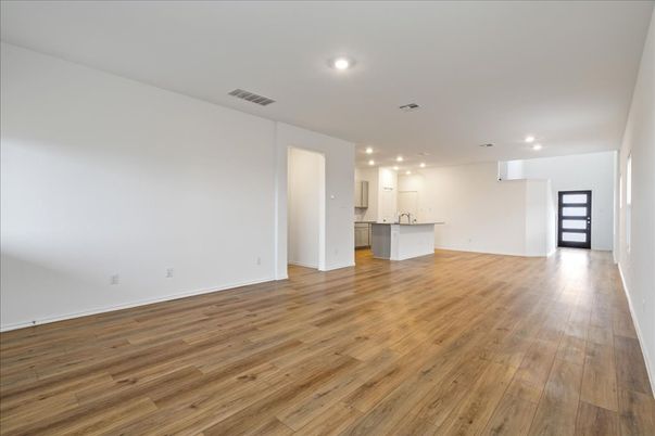 Empty room, Interior, Kitchen, Recessed Lighting, Wood Texture Flooring