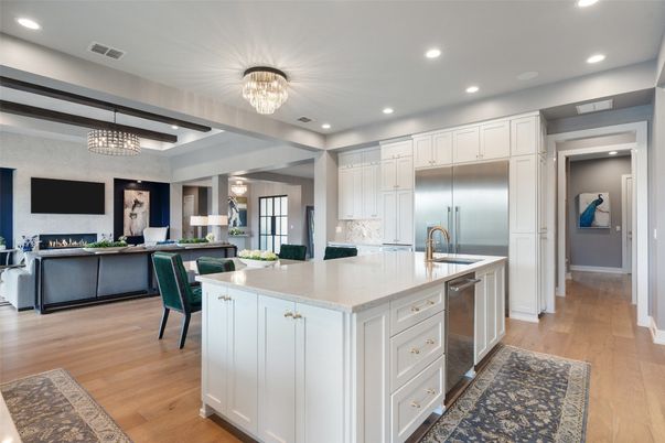 Chandelier, Interior, Kitchen, Living room, Recessed Lighting, Stainless Steel Appliances, Wood Texture Flooring