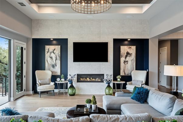 Chandelier, Fireplace, Interior, Living room, Recessed Lighting, Wood Texture Flooring