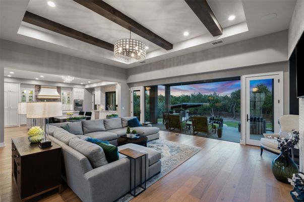 Chandelier, Interior, Kitchen, Living room, Recessed Lighting, Stainless Steel Appliances, Wooden Beams, Wood Texture Flooring