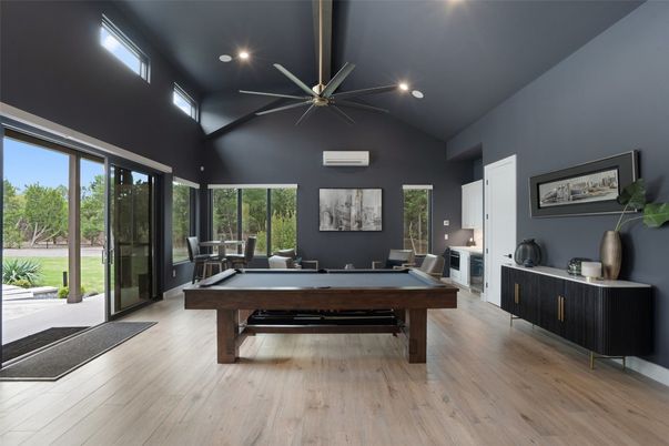 Billiard Table, Game Room, Interior, Recessed Lighting, Wood Texture Flooring