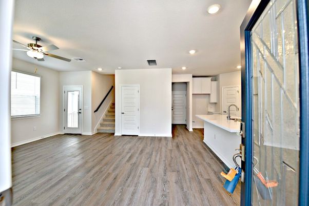 Empty room, Interior, Kitchen, Recessed Lighting, Wood Texture Flooring