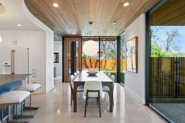 Dining room, Interior, Pendant Lights, Recessed Lighting, Wooden Ceilings