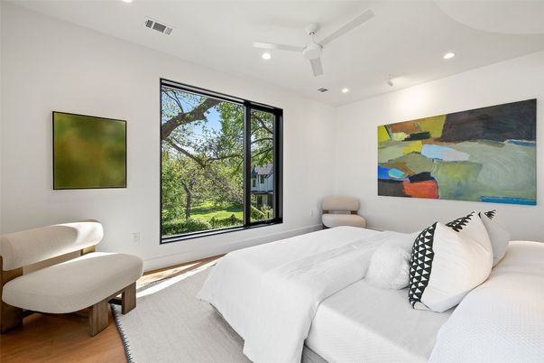 Bedroom, Interior, Recessed Lighting, Wood Texture Flooring