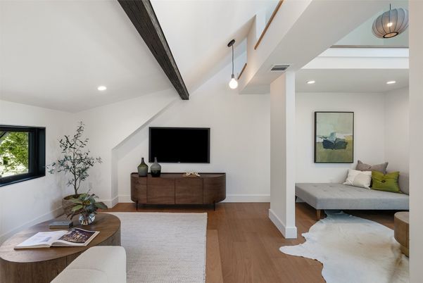 Interior, Living room, Pendant Lights, Recessed Lighting, Wooden Beams, Wood Texture Flooring