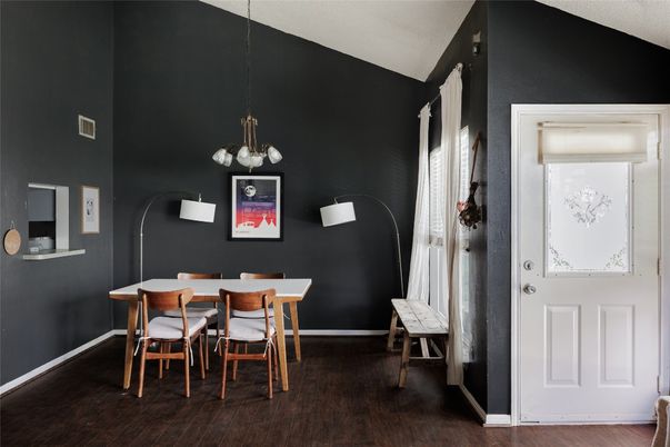 Dining room, Interior, Pendant Lights, Wood Texture Flooring