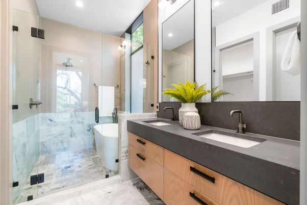 Bathroom, Dual Sink Vanities, Free Standing Baths, Glass Shower, Interior, Marble, Recessed Lighting