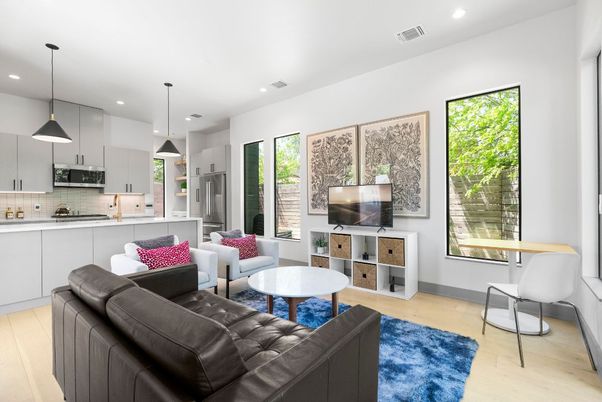 Interior, Kitchen, Living room, Pendant Lights, Recessed Lighting, Stainless Steel Appliances, Wood Texture Flooring