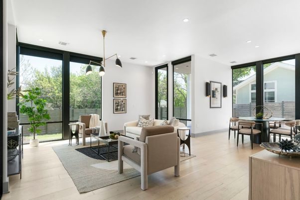 Dining room, Interior, Living room, Pendant Lights, Recessed Lighting, Wood Texture Flooring