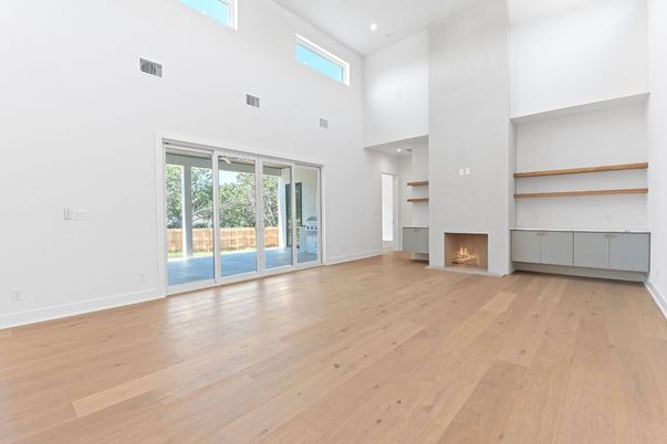 Empty room, Fireplace, Interior, Recessed Lighting, Wood Texture Flooring