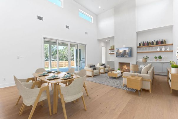 Dining room, Fireplace, Interior, Living room, Recessed Lighting, Wood Texture Flooring