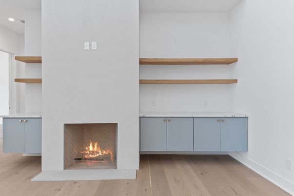 Fireplace, Interior, Recessed Lighting, Wood Texture Flooring