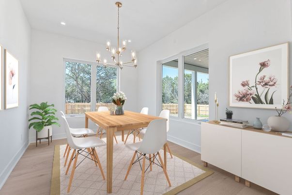 Dining room, Interior, Pendant Lights, Recessed Lighting, Wood Texture Flooring
