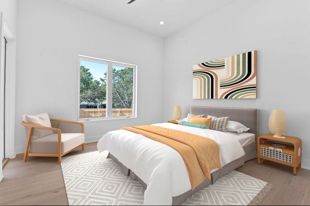 Bedroom, Interior, Recessed Lighting, Wood Texture Flooring