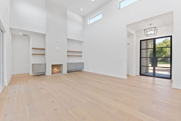 Empty room, Fireplace, Interior, Recessed Lighting, Wood Texture Flooring