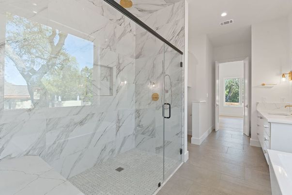 Bathroom, Glass Shower, Interior, Marble Walls, Recessed Lighting